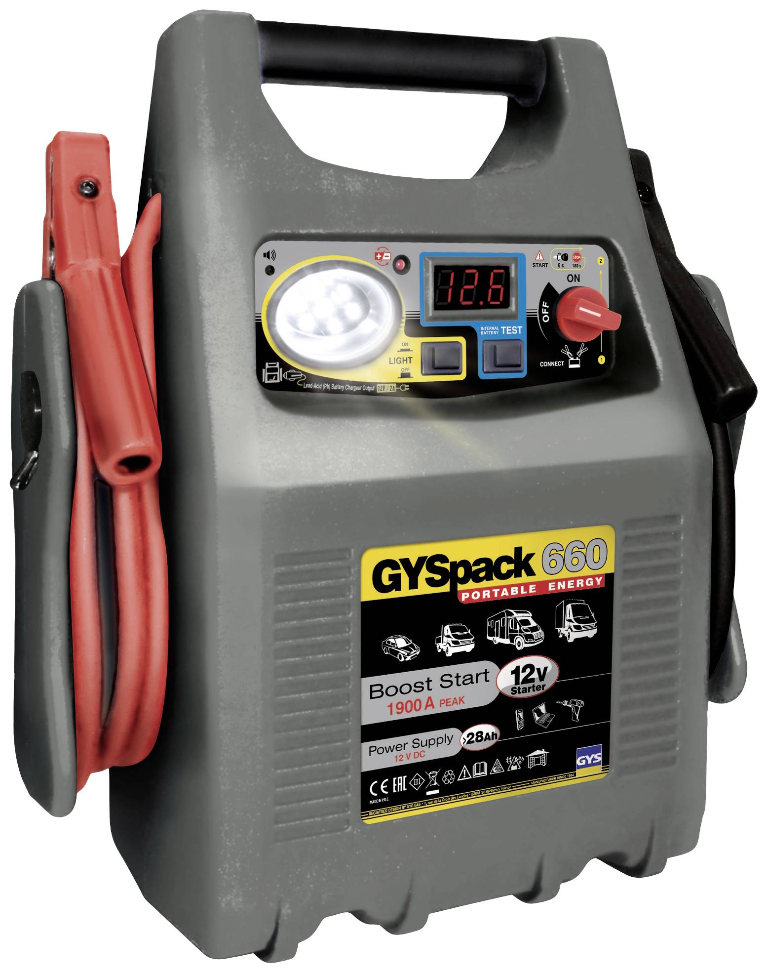 GYS Quick start system Gyspack 660 027862 Jump start current (12 V)=640 A Work light, 230 V transformer, Polarity and circuit