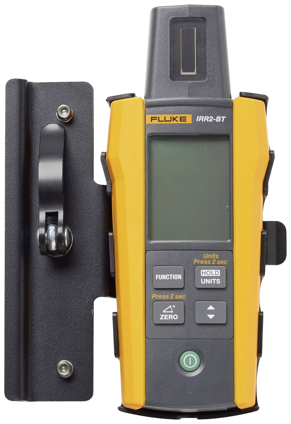 A yellow, portable IR thermometer, model 'Fluke IRR2-BT', with a display and control buttons. It is mounted on a stand.