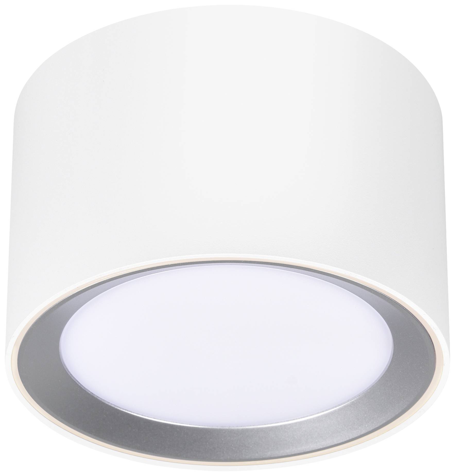 Round, white ceiling light with a slim silver trim, suitable for modern interiors and providing even light distribution.