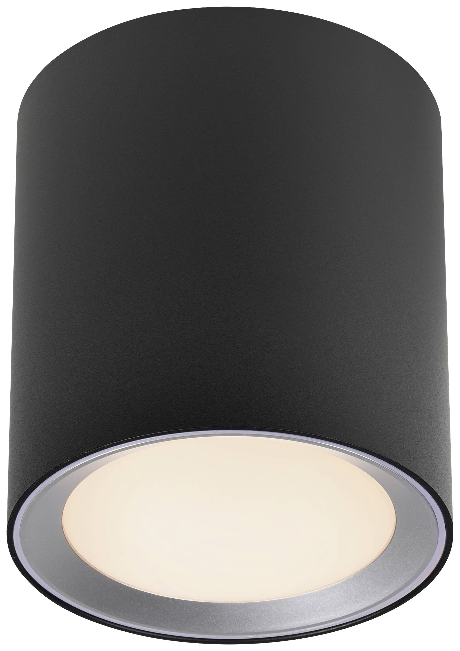 A black cylindrical ceiling light with a bright, circular underside emits warm light.