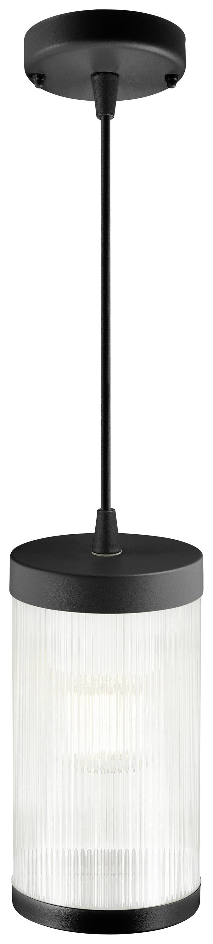 Black hanging ceiling light with a cylindrical, ribbed glass lampshade. Simple, modern design. Suitable for interior spaces.
