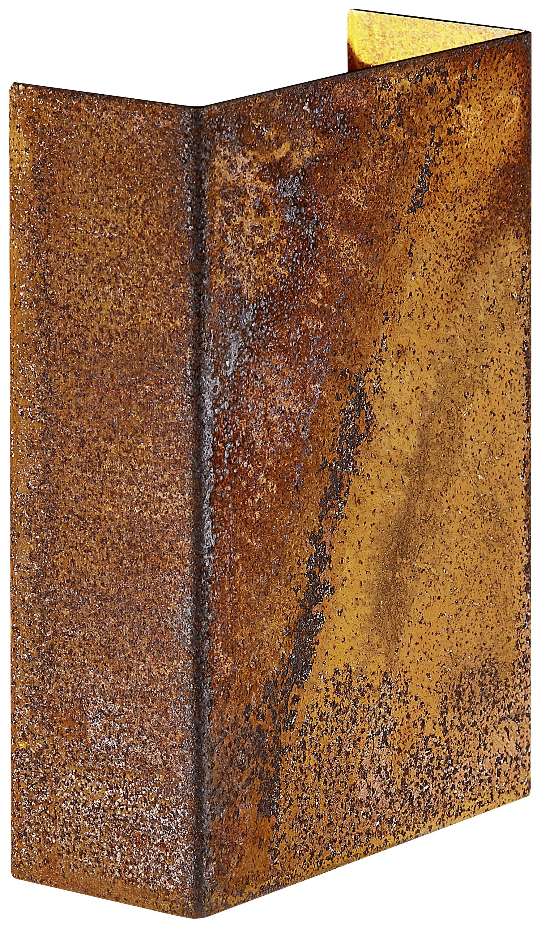 L-shaped rusty metal plate with a rustic surface and visible patina.
