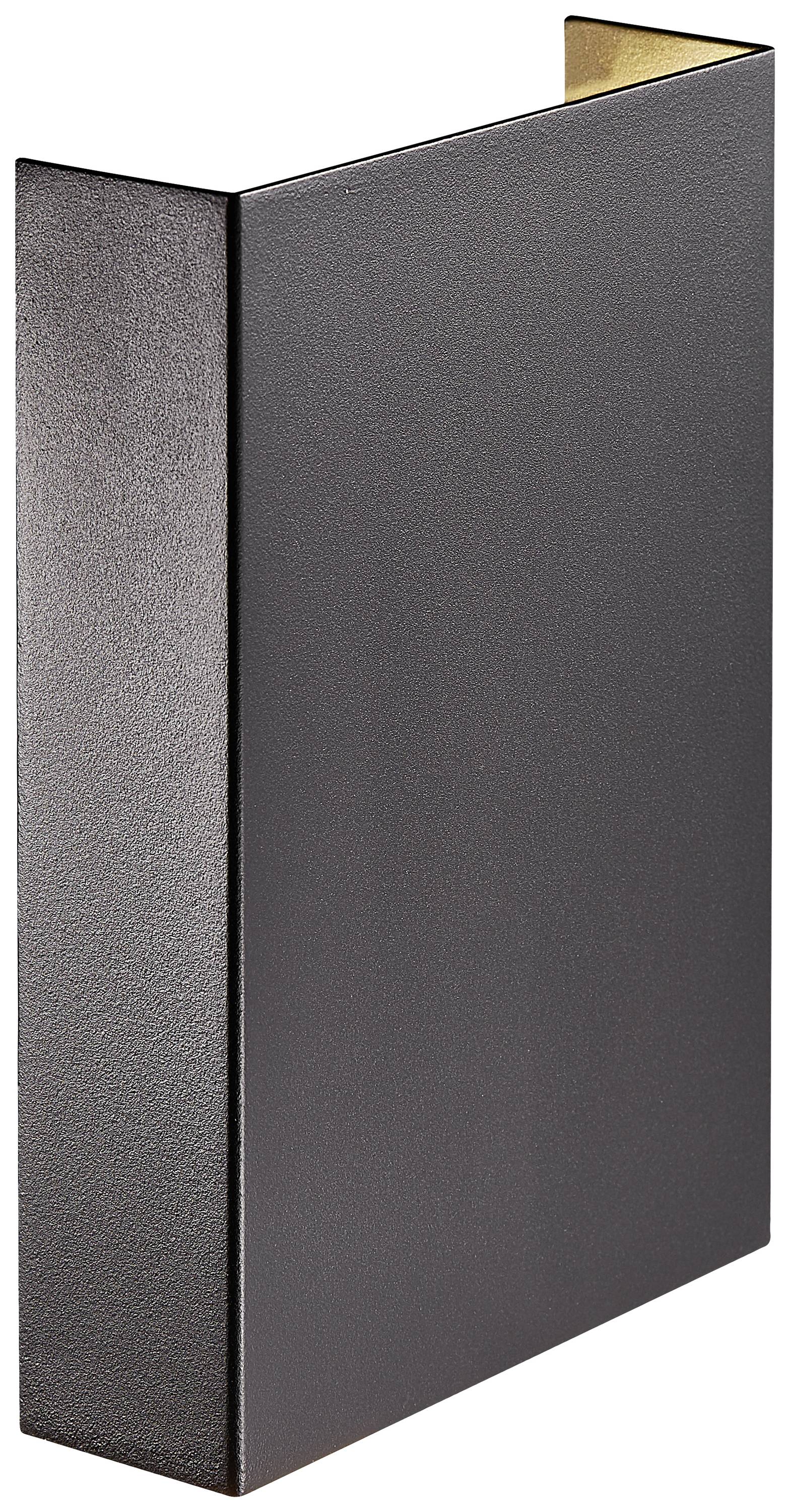 Rectangular black metal object, likely a bookend, with a smooth surface and visible edge.
