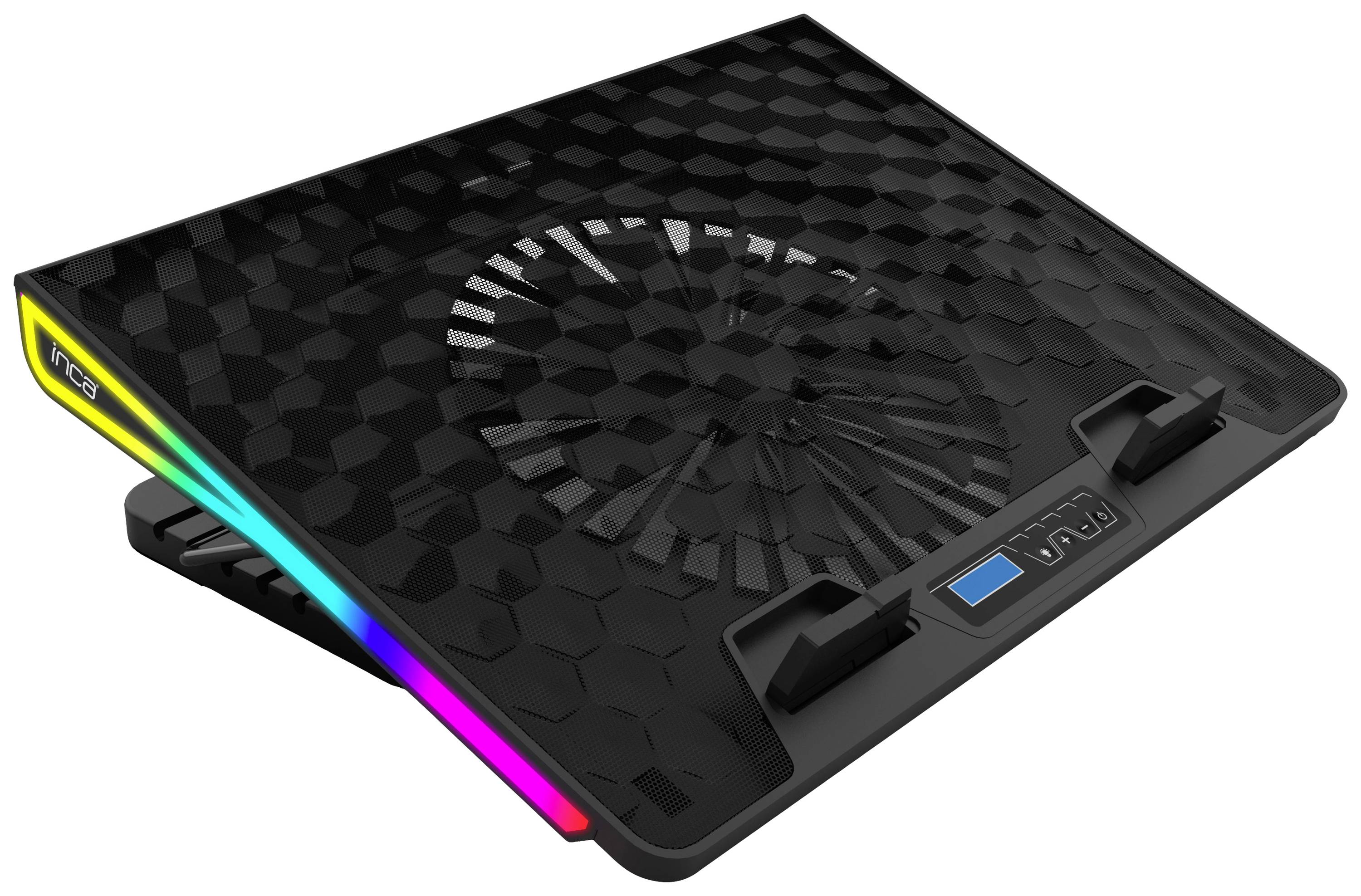 Laptop cooling pad with a hexagonal pattern, RGB lighting on the sides, and a central fan for heat dissipation.
