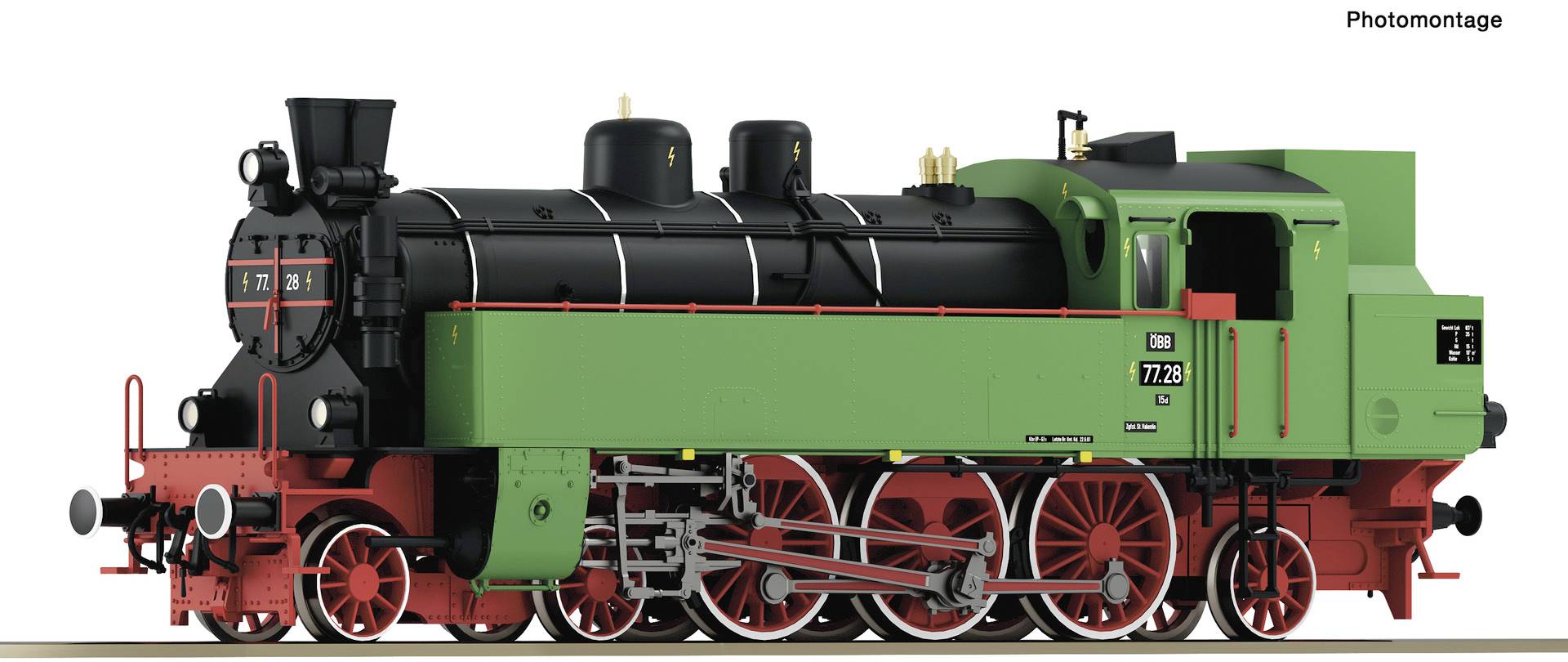 A green steam locomotive with black and red details on a light grey background. Top right reads 'Photomontage'.