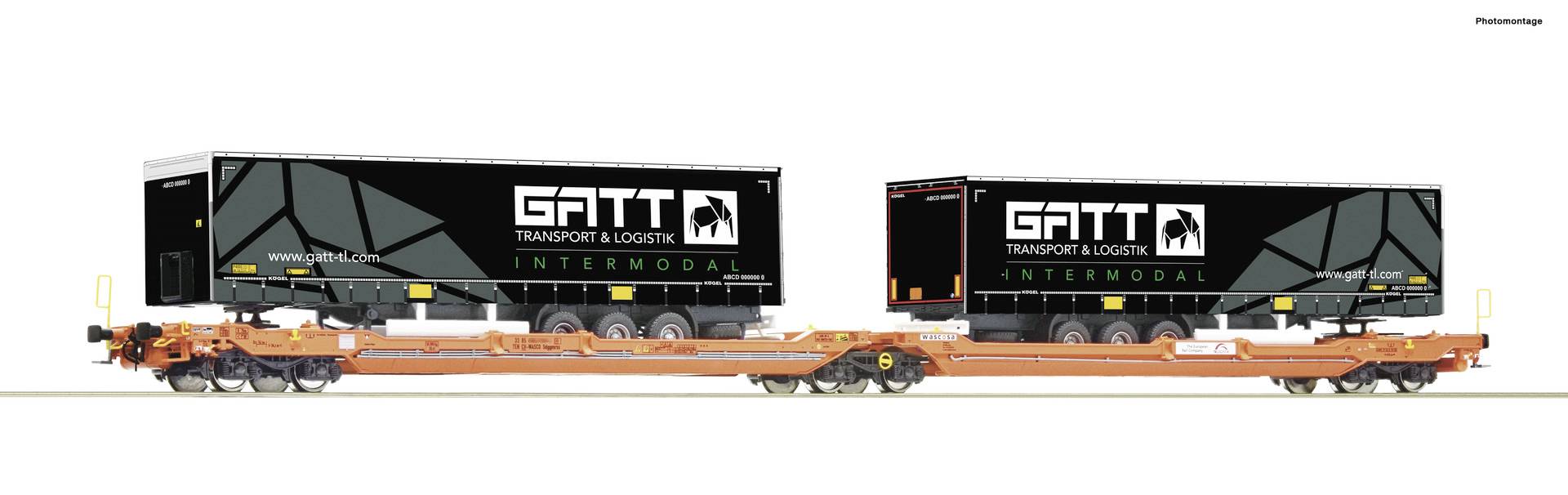 Two black lorry trailers with the inscription 'GATT Transport & Logistic Intermodal' on a goods wagon.