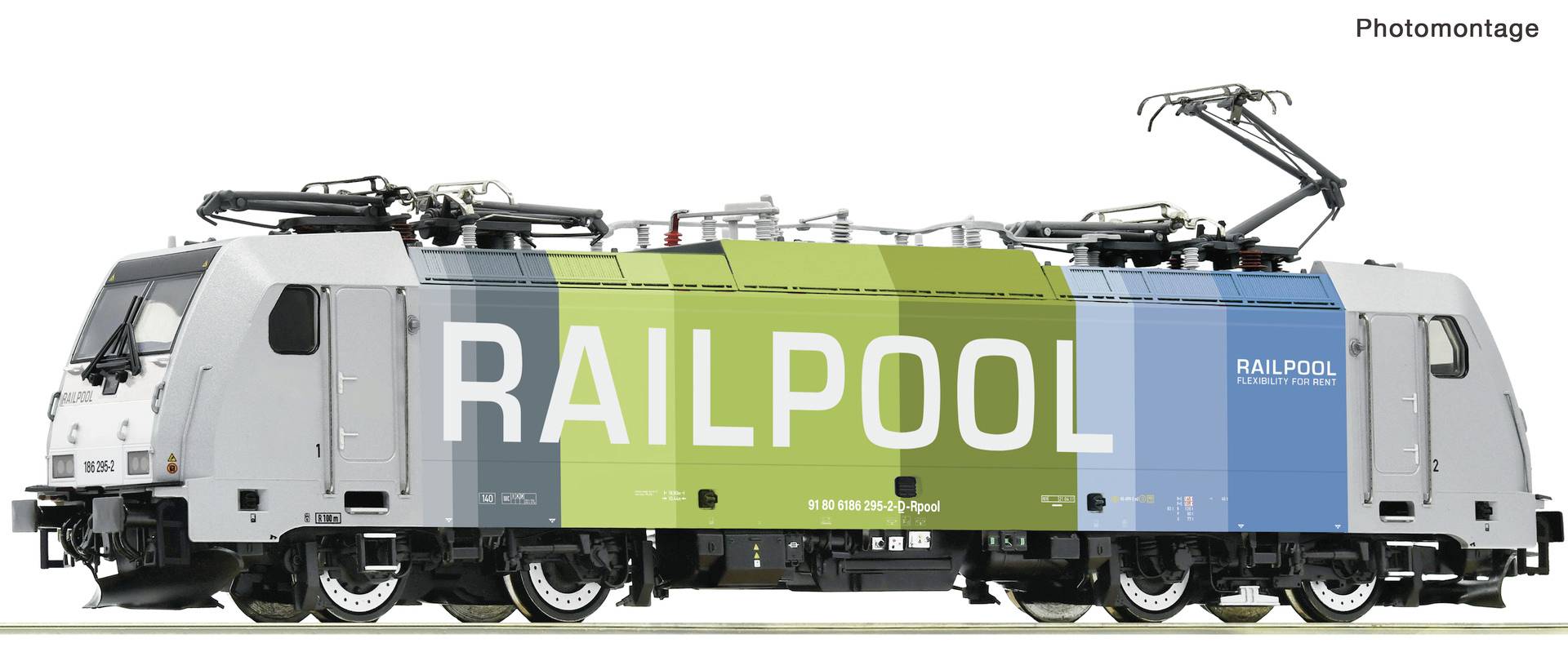 Electric locomotive with 'RAILPOOL' logo on the side, displaying a distinctive colour scheme in green and blue, with overhead pantograph raised.
