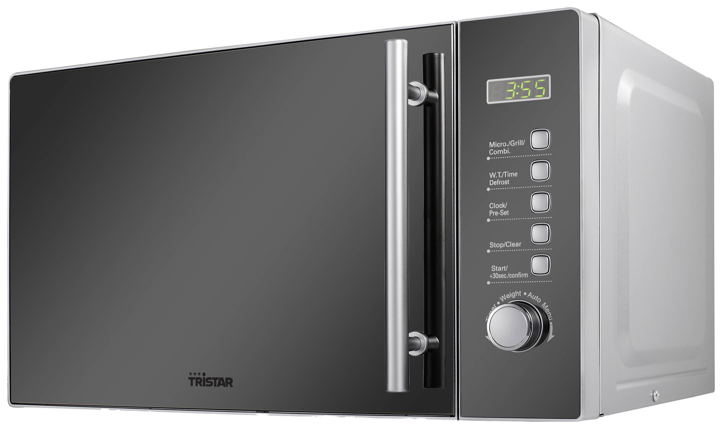 A microwave with a digital display shows the time as 3:55. To the right are buttons with functions such as 'Micro/Grill' and 'Weight/Timer'.