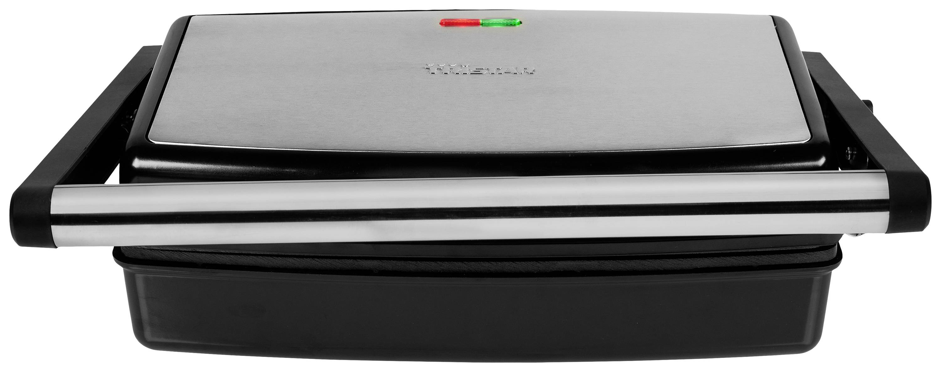 A stainless steel electric contact grill with two handles and indicator lights, suitable for grilling sandwiches.