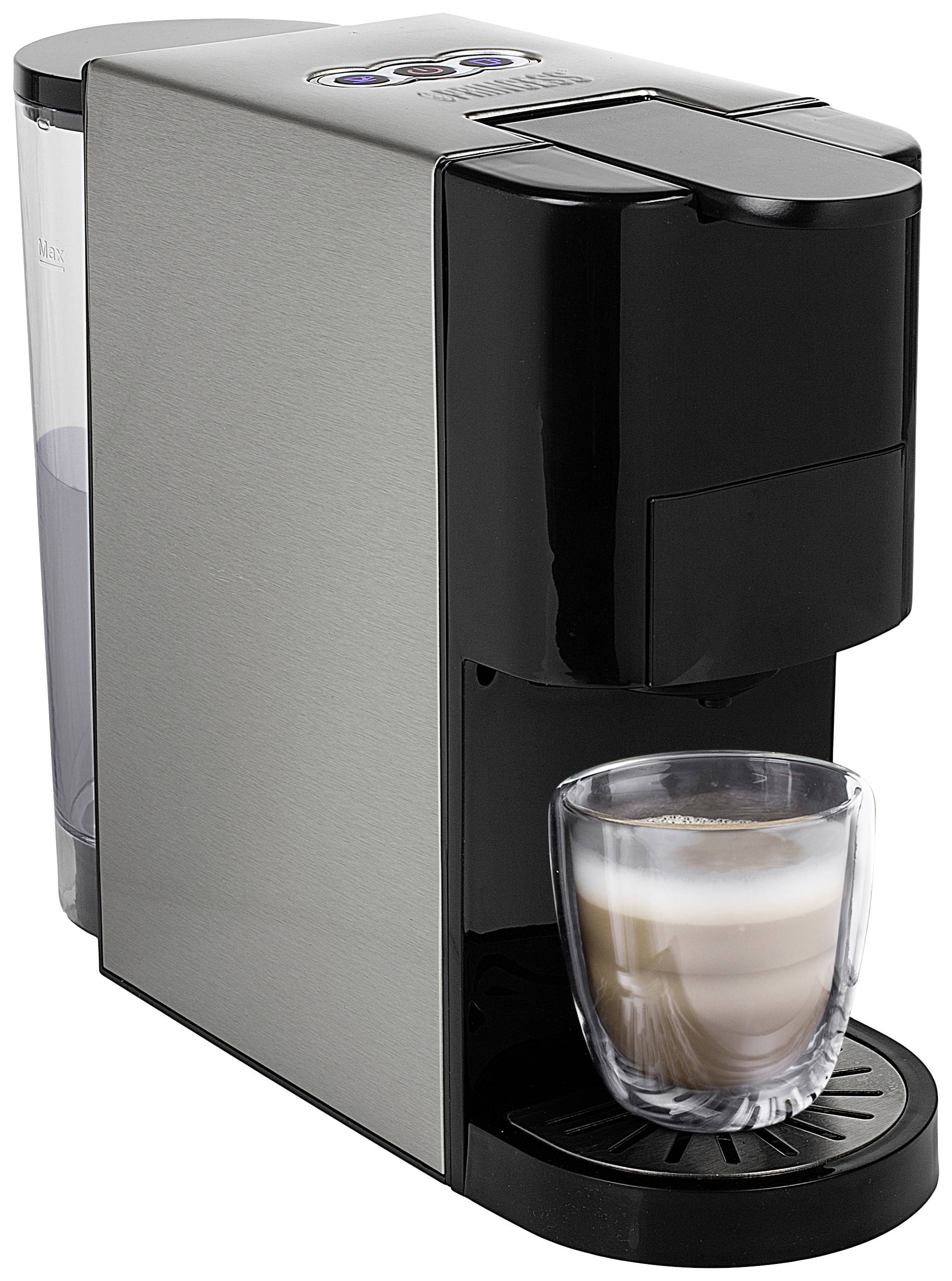 A black coffee machine with a transparent water reservoir is preparing an espresso in a clear cup.
