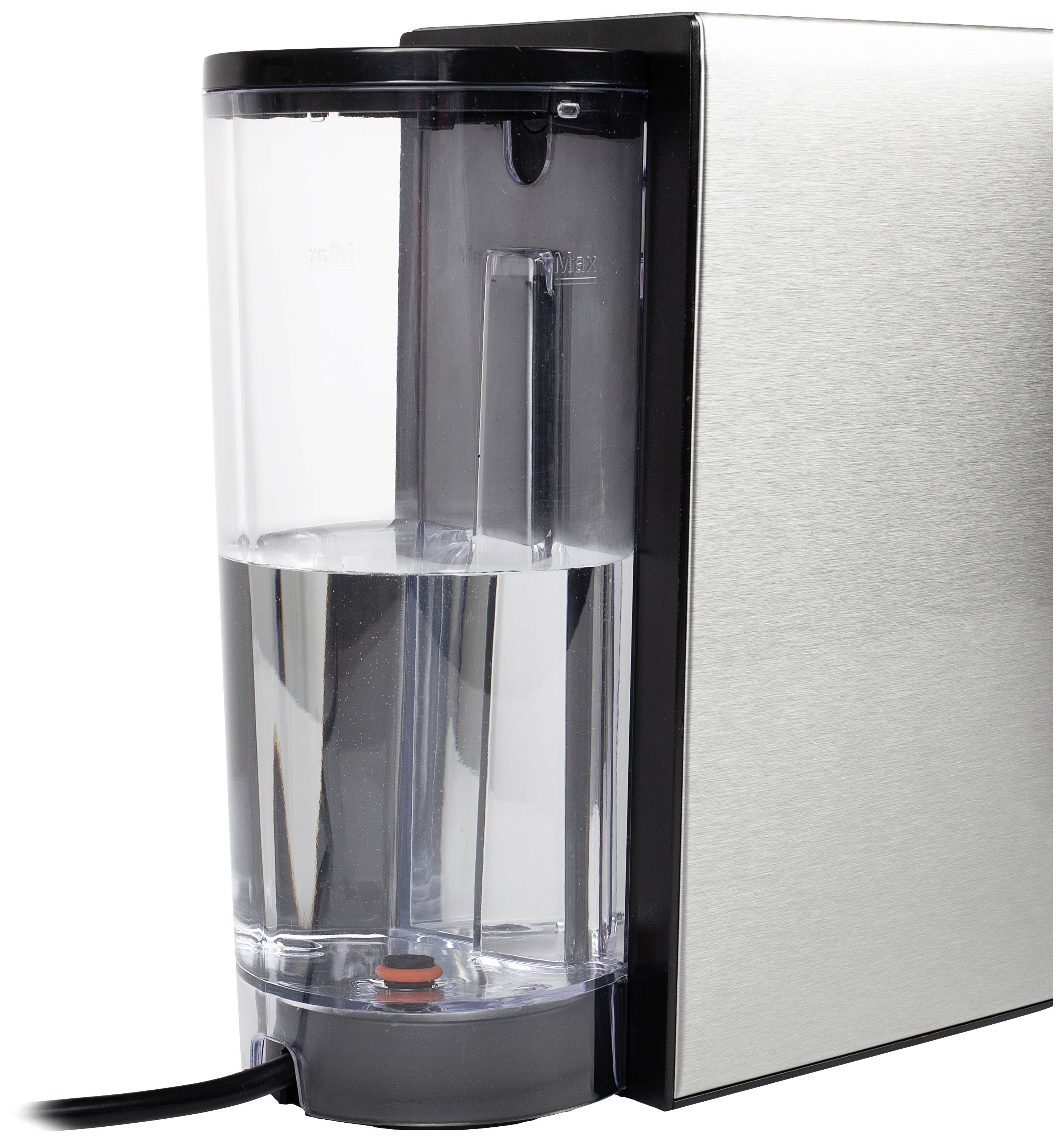 Silver water reservoir of a coffee machine with a transparent plastic section, filled with water; black power cable visible.