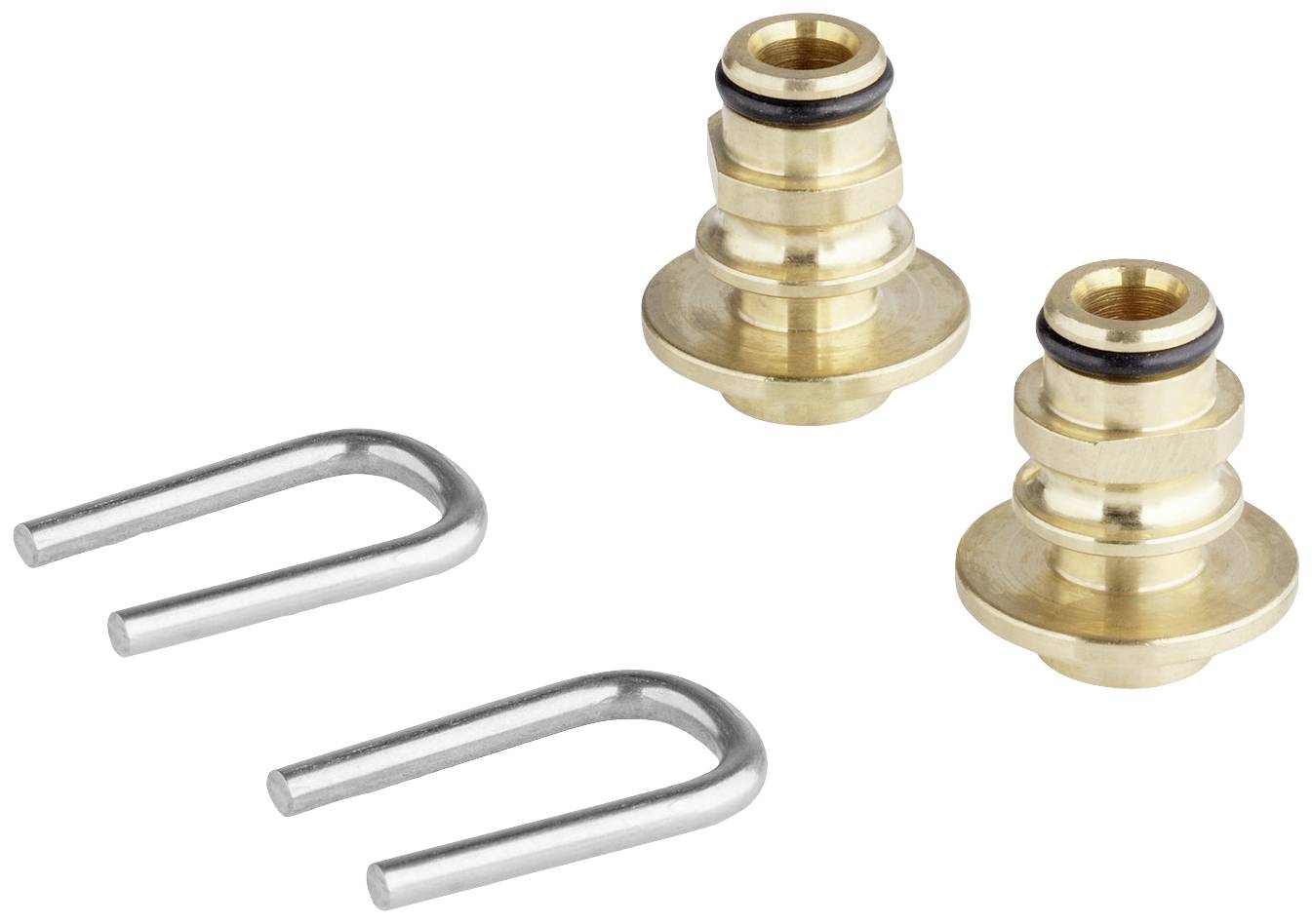 Two gold-coloured metal adapters with sealing rings and two silver U-shaped metal clips on a white background.