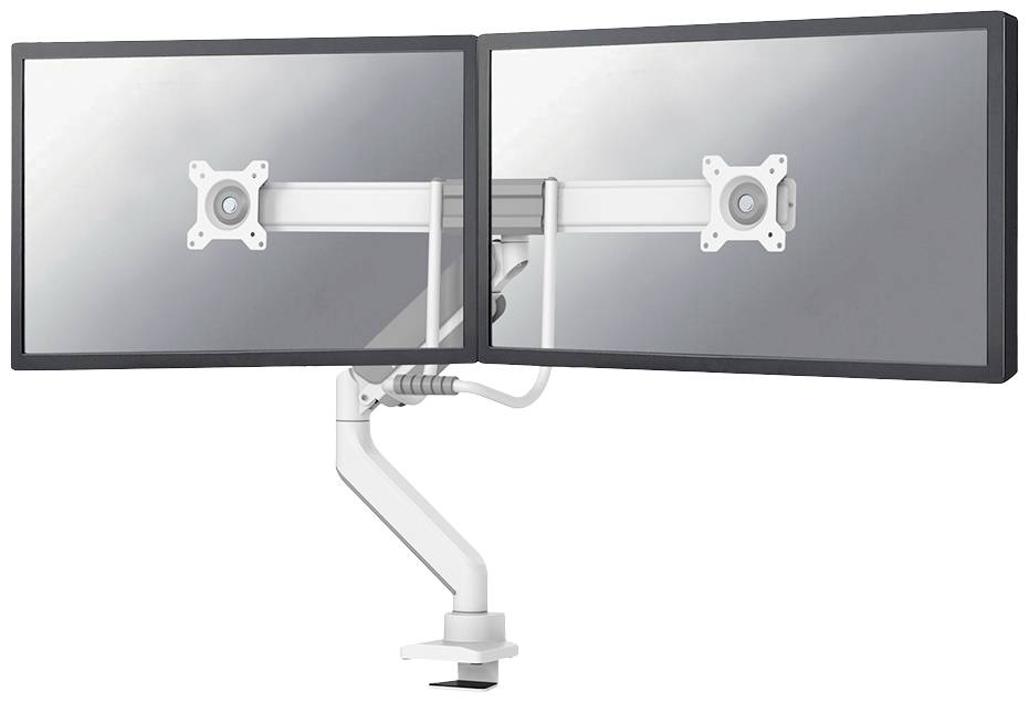 Double monitor arm with two attached screens, flexibly adjustable, for mounting on a desk. Ideal for office workstations.