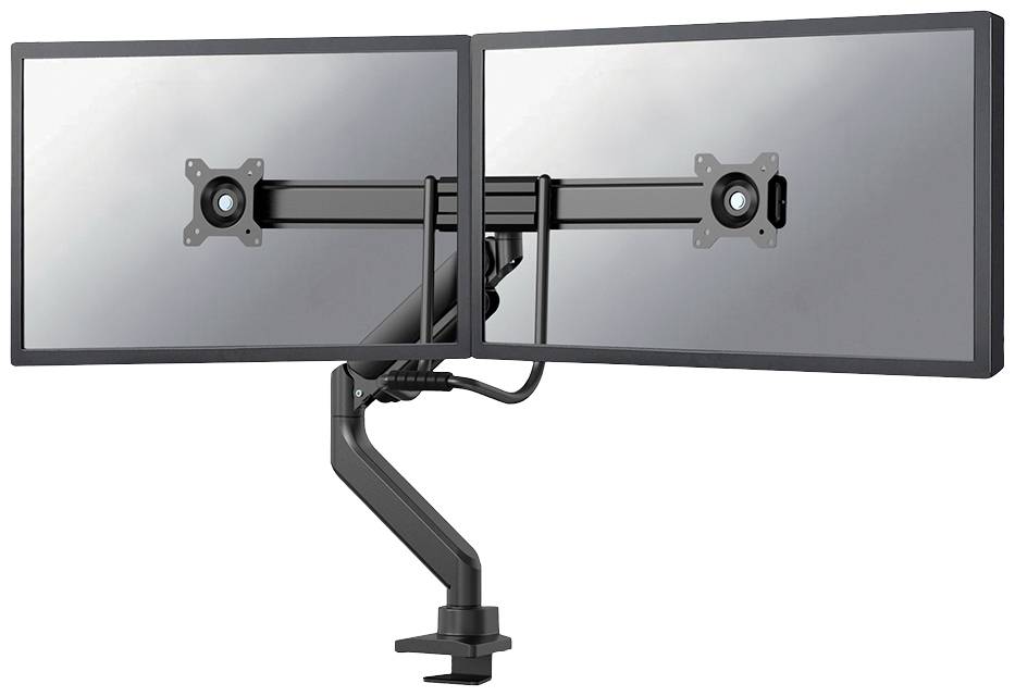 Two side-by-side mounted computer monitors on an adjustable monitor arm, suitable for ergonomic workplace design.