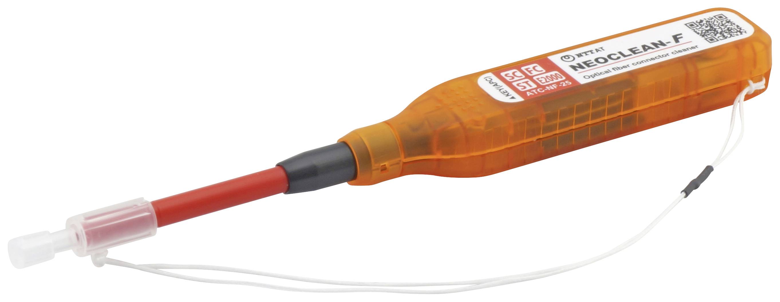 Orange's tool for cleaning fibre optic connectors with a red tip and white cable, labelled 'NEOCLEAN-F'.