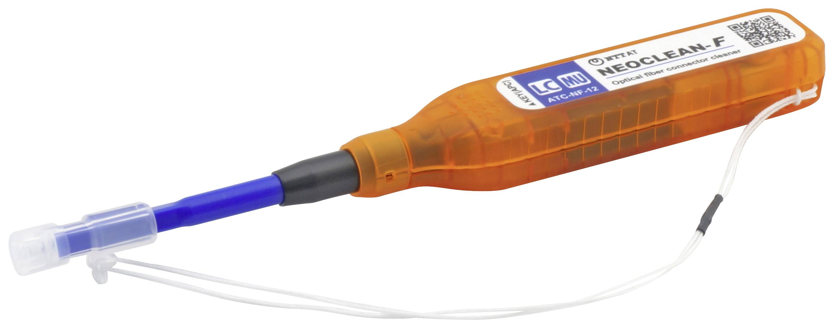 Cleaning tool for LC fibre optic connectors with an orange handle and blue cleaning section, with the label 'NEOCLEAN-F' visible.