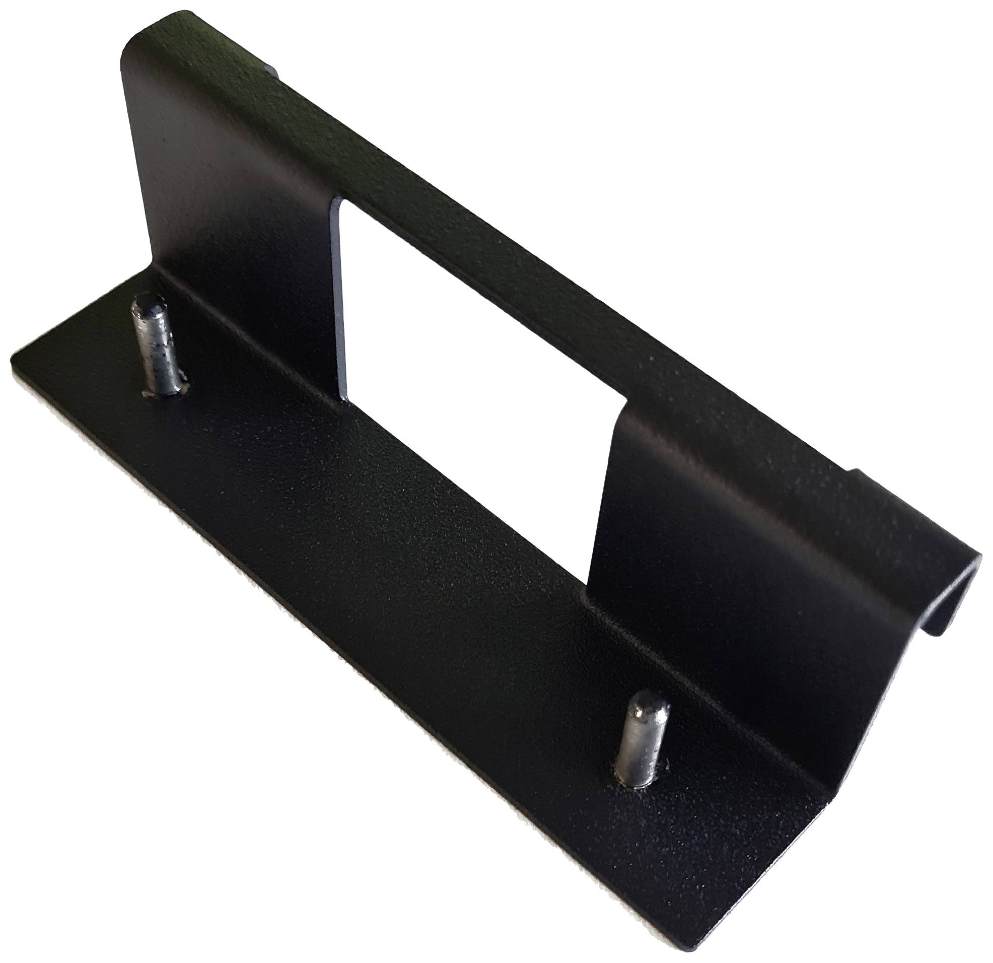 A black metal mounting bracket with two protruding screws, likely for securing to a surface.