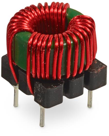 Red coil wound around a green toroidal core with two metal legs resting on a black base. Electronic component for induction.