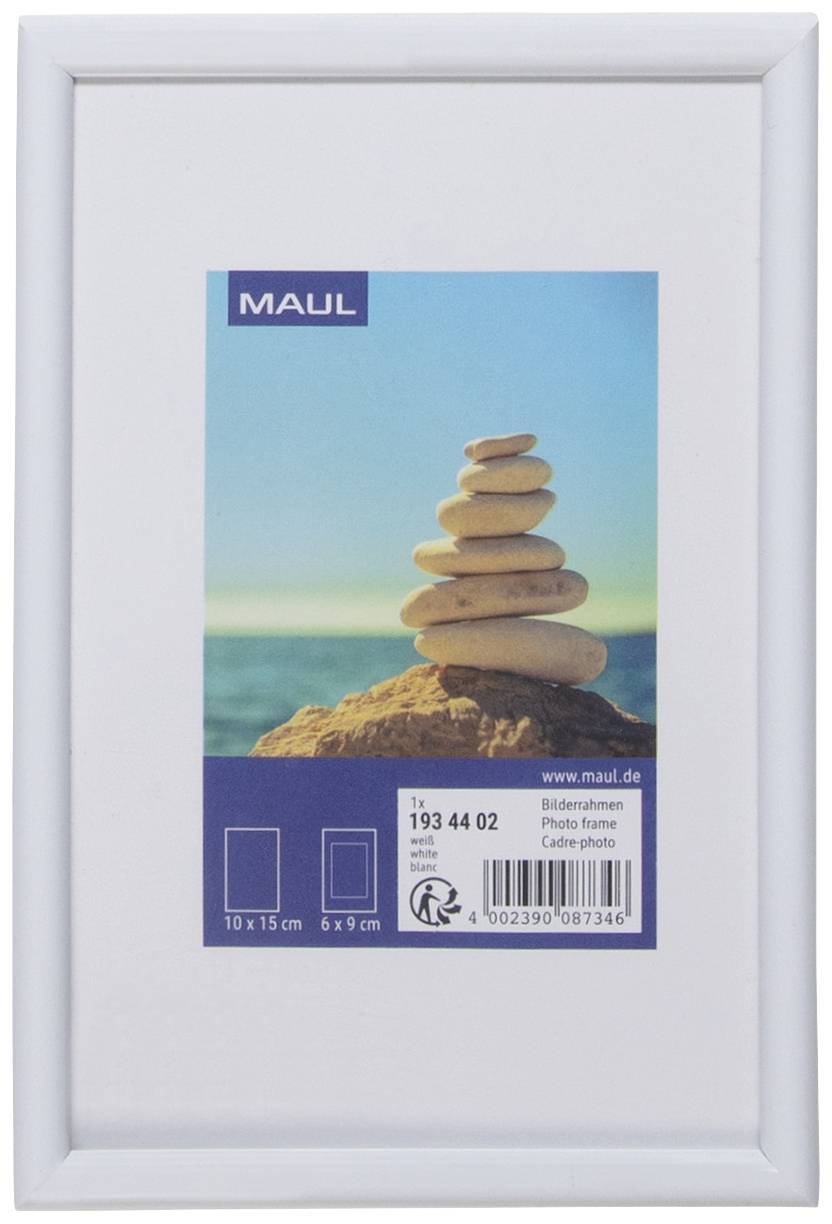 Picture frame with a photo of a stone stack on the beach against a blue sky. Sizes: 10x15 cm or 6x9 cm. Brand: Maul.