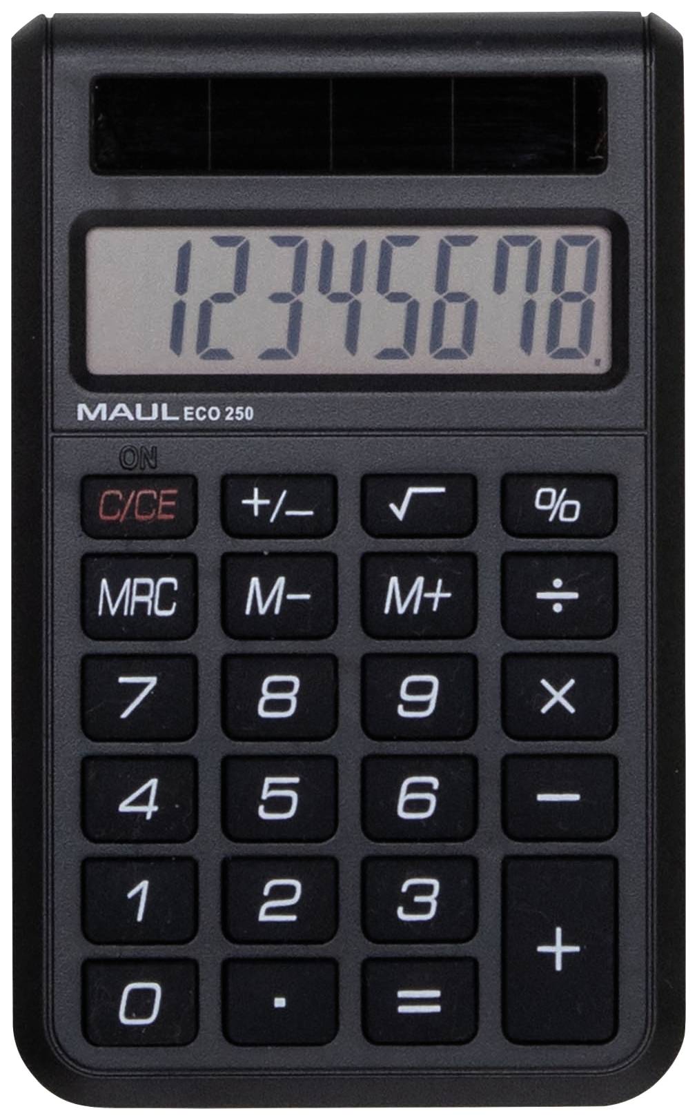 A black calculator with a solar-powered display shows the number '12345678'.