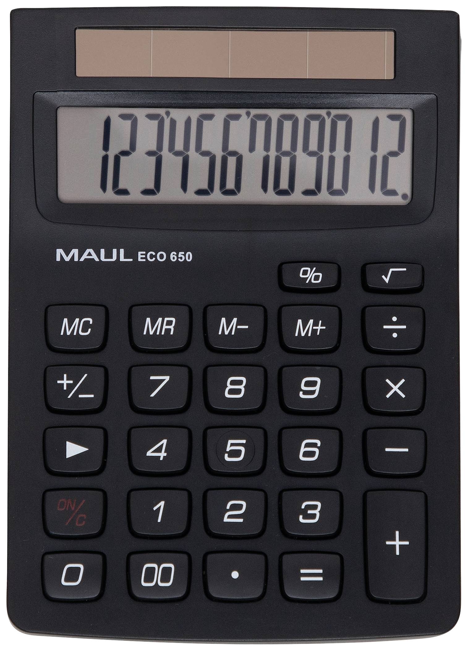 An electronic pocket calculator displays the numbers '123456789012' on its display. Buttons for basic arithmetic operations are visible.