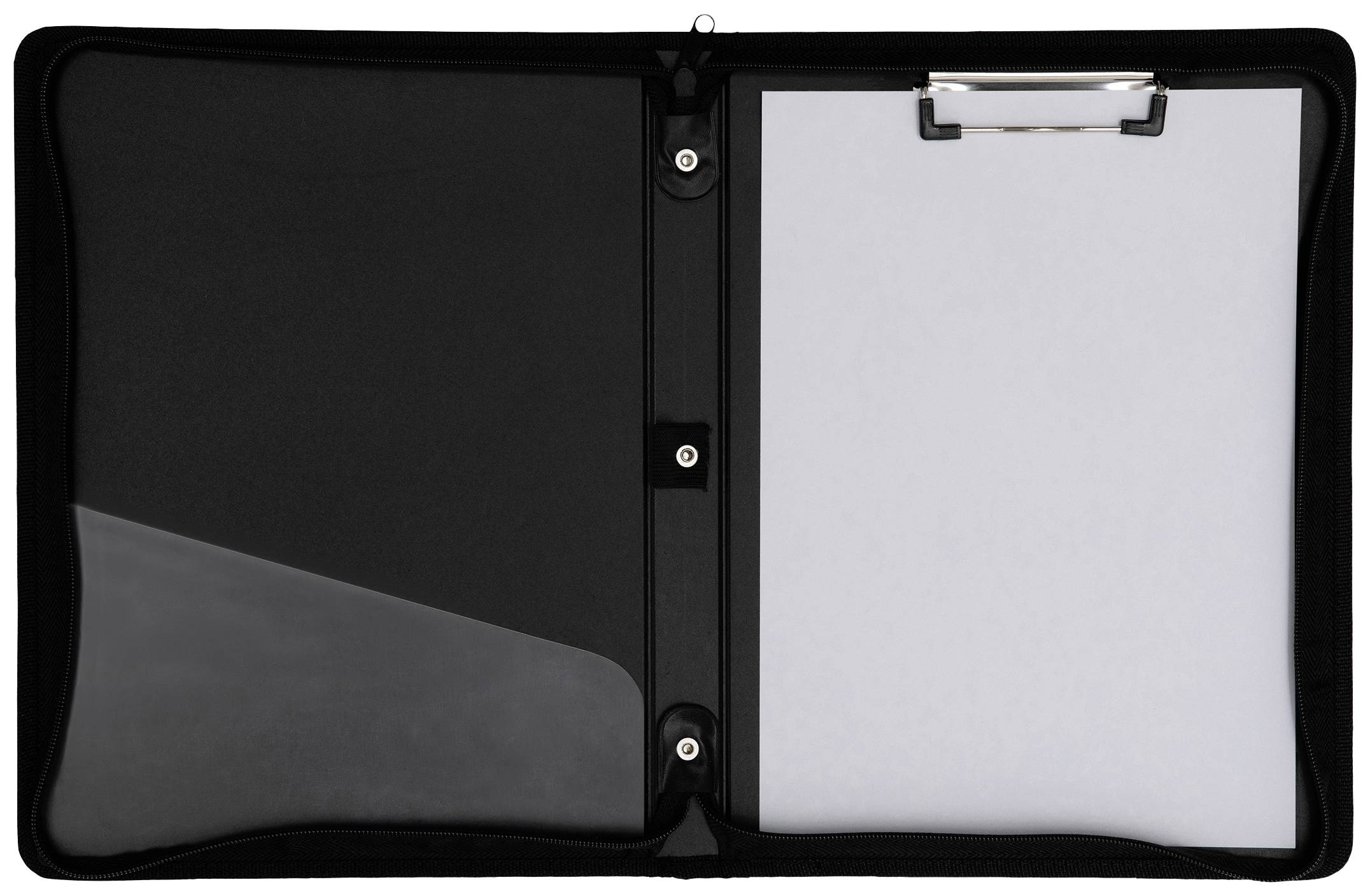 An open black folder with a transparent pocket on the left and a clipboard with a blank sheet of paper on the right.