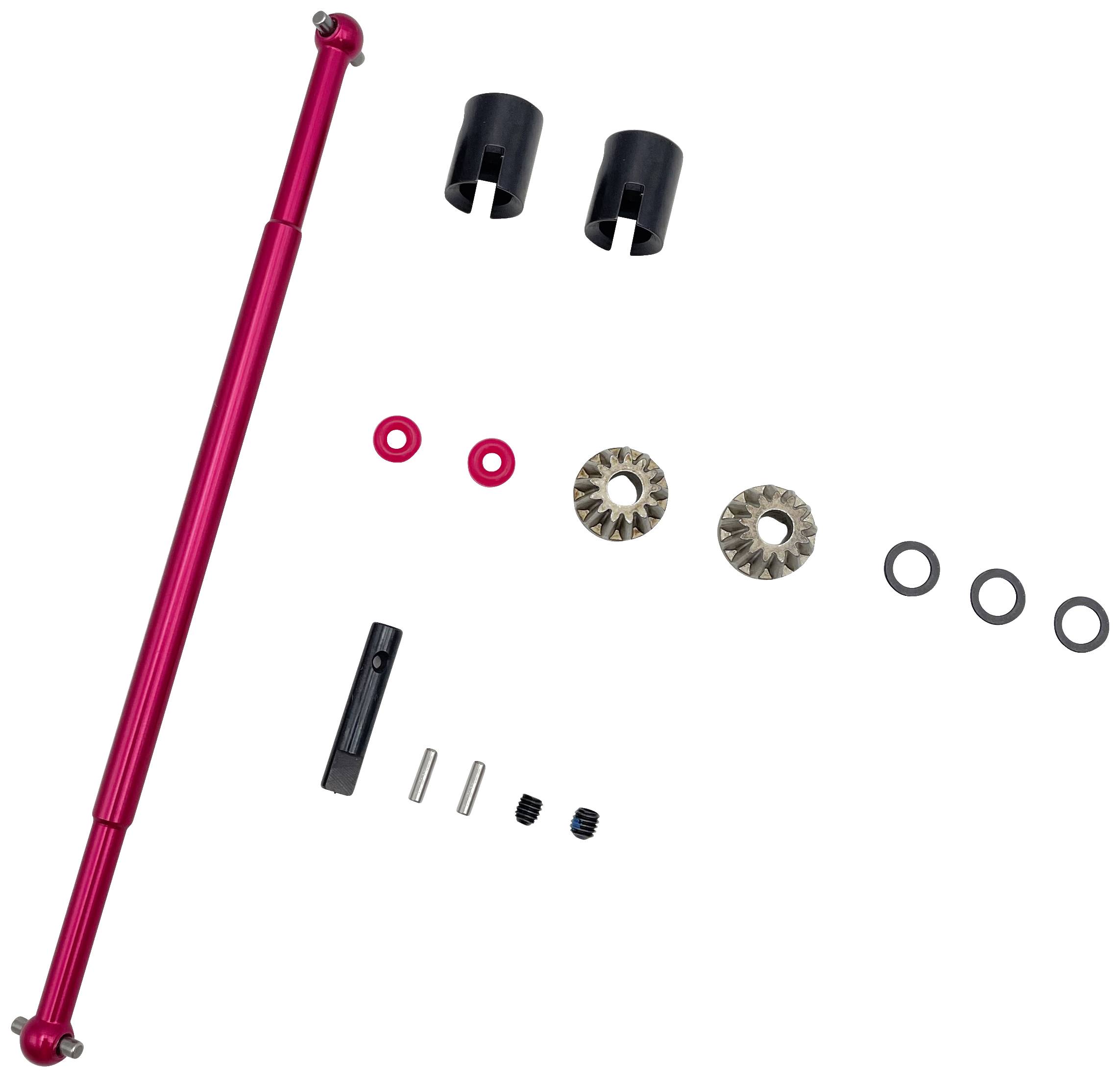 Red cardan shaft with accessory parts such as couplings, gears and screws, arranged on a white background.