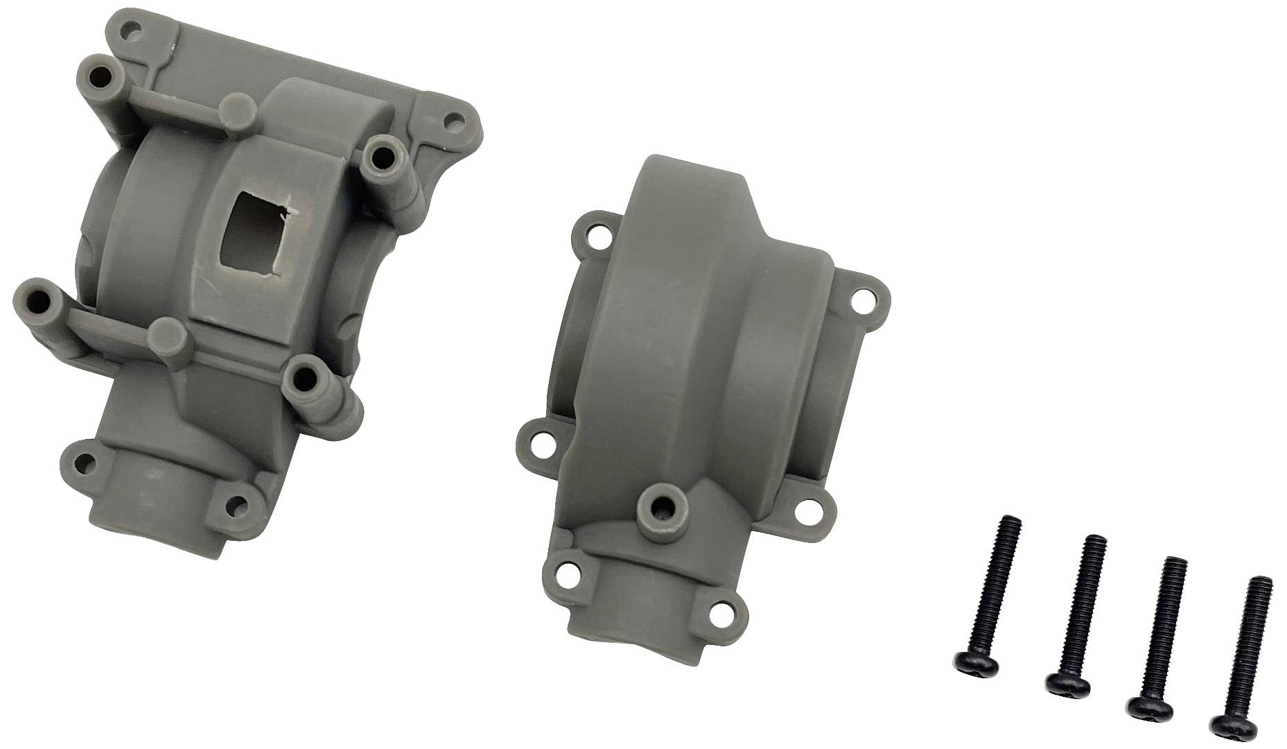 Plastic housing components consisting of two interconnected elements, with four black screws lying beside them.