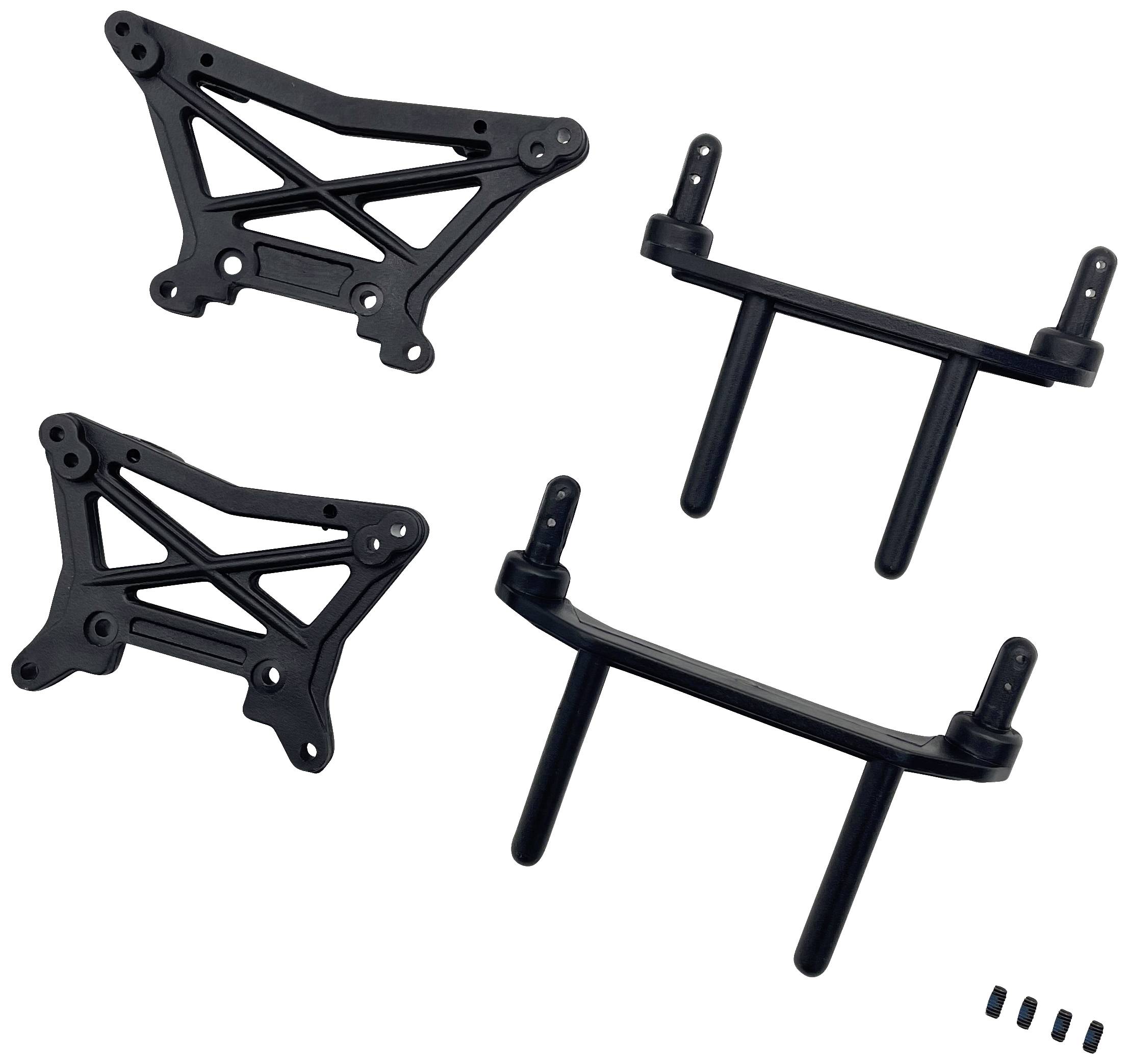 Black plastic components for an RC vehicle, including two shock absorber mounts and two body posts with mounting pins.