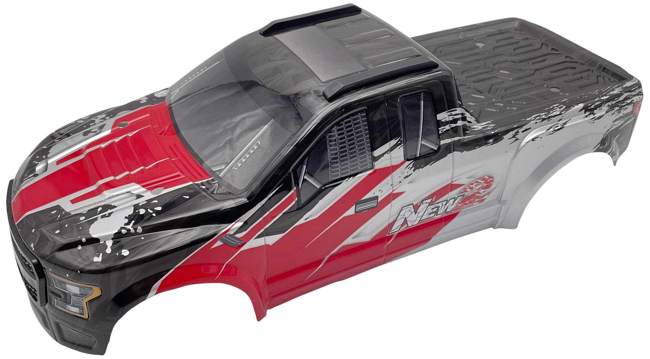 Body of a remote-controlled model car with a red, black, and white design. The word 'New' is visible on the side.