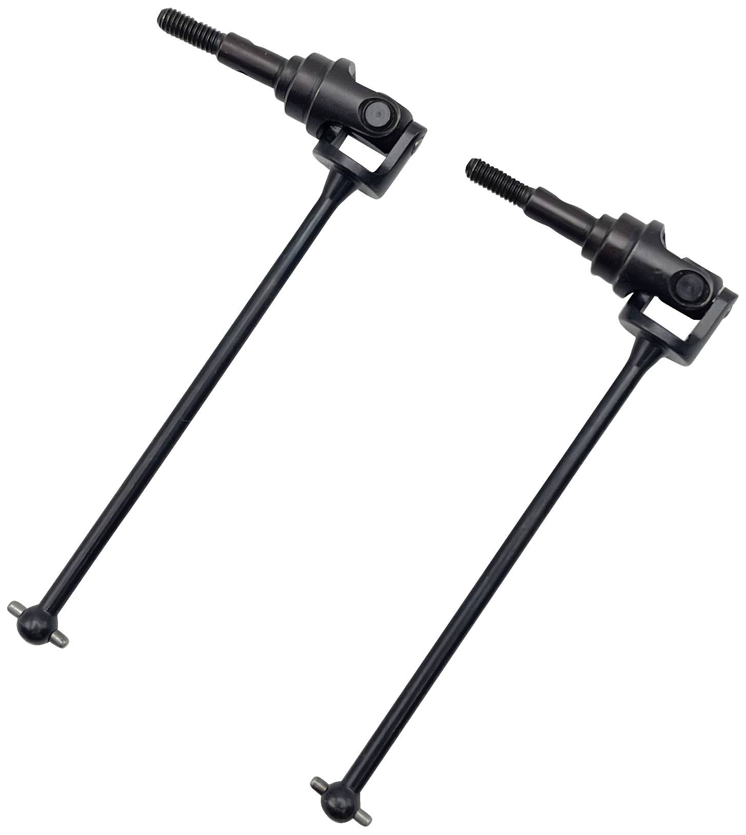 Two similar black metal axles with ball joints and threaded screws, typically used as components in remote-controlled cars.