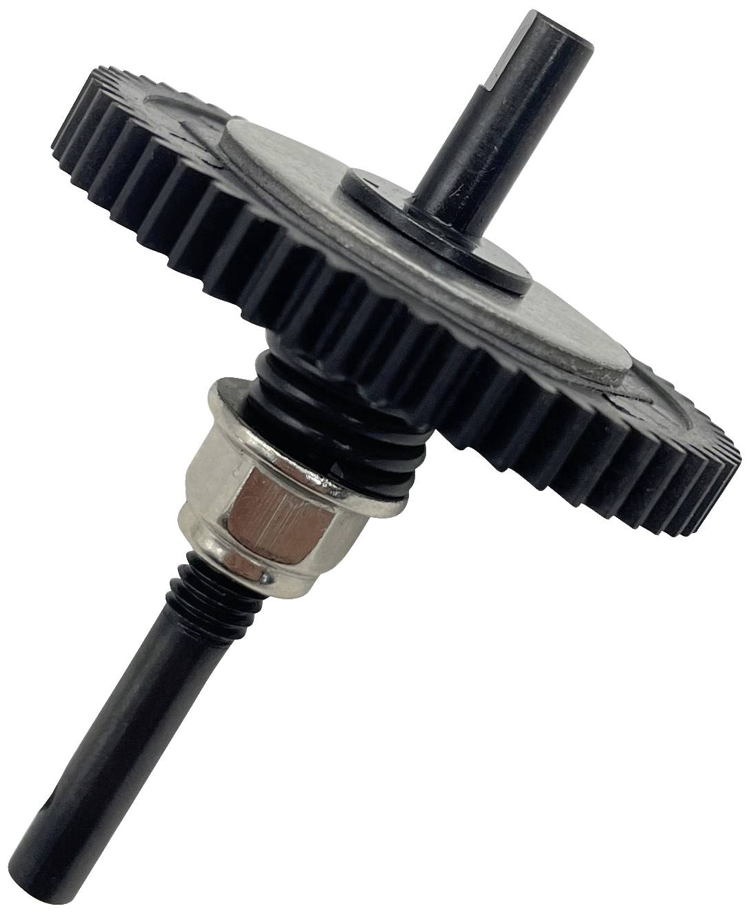 A black plastic gear wheel with metal mechanics on a white background, likely part of a larger mechanical component.