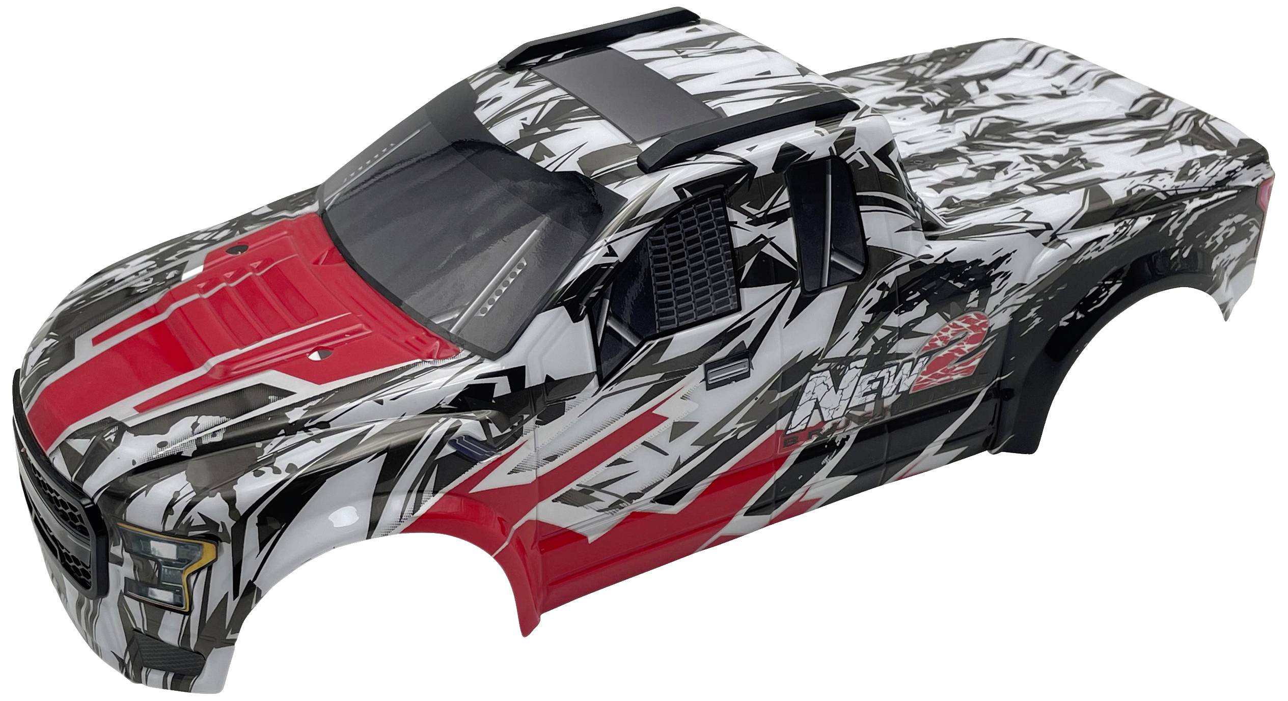 Remote-controlled car in camouflage pattern with red accents and 'NEW' written on the side, without visible wheels or ground.