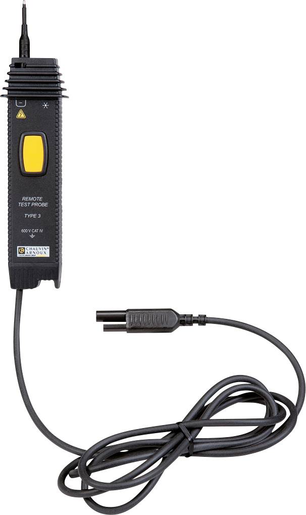 Voltage tester with test probe and cable. Device type: TYPE 3. Black casing with yellow button.