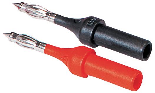 Two test probes in black and red, often used for electrical measurements, are lying side by side on a white surface.