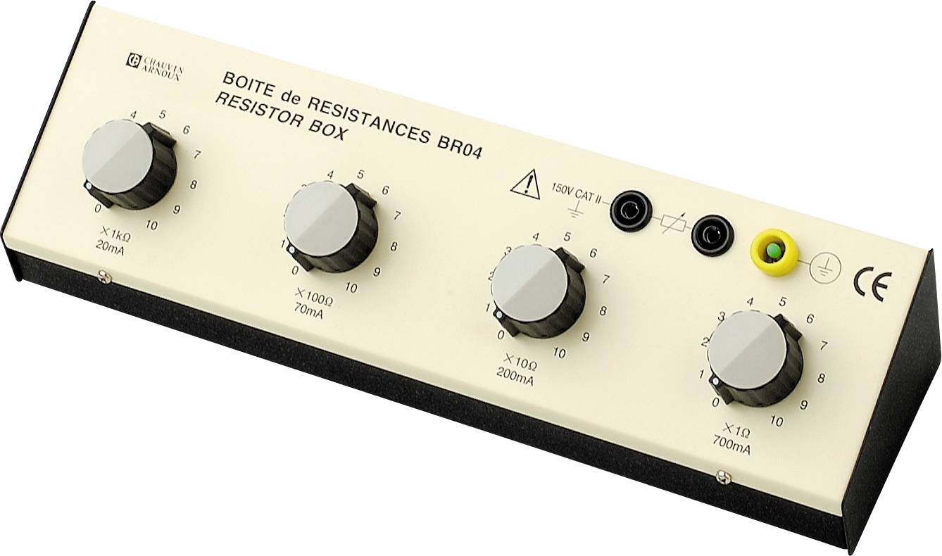 Resistance box with four rotary knobs for adjusting different resistance values. Labels indicate current ranges.