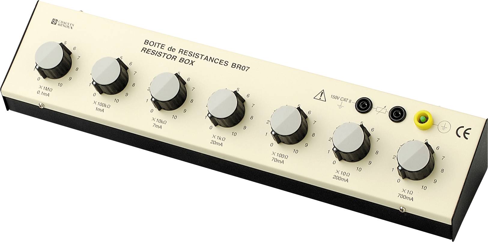 'Boîte de Résistances BR07' is a resistance box with seven rotary controls, each marked from 'x 0.1' to 'x 10k'.