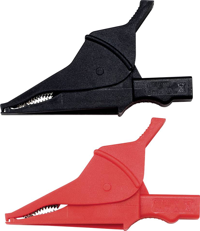 A black and a red crocodile clip are lying on top of each other, with the red clip underneath. They are used for electrical connections.