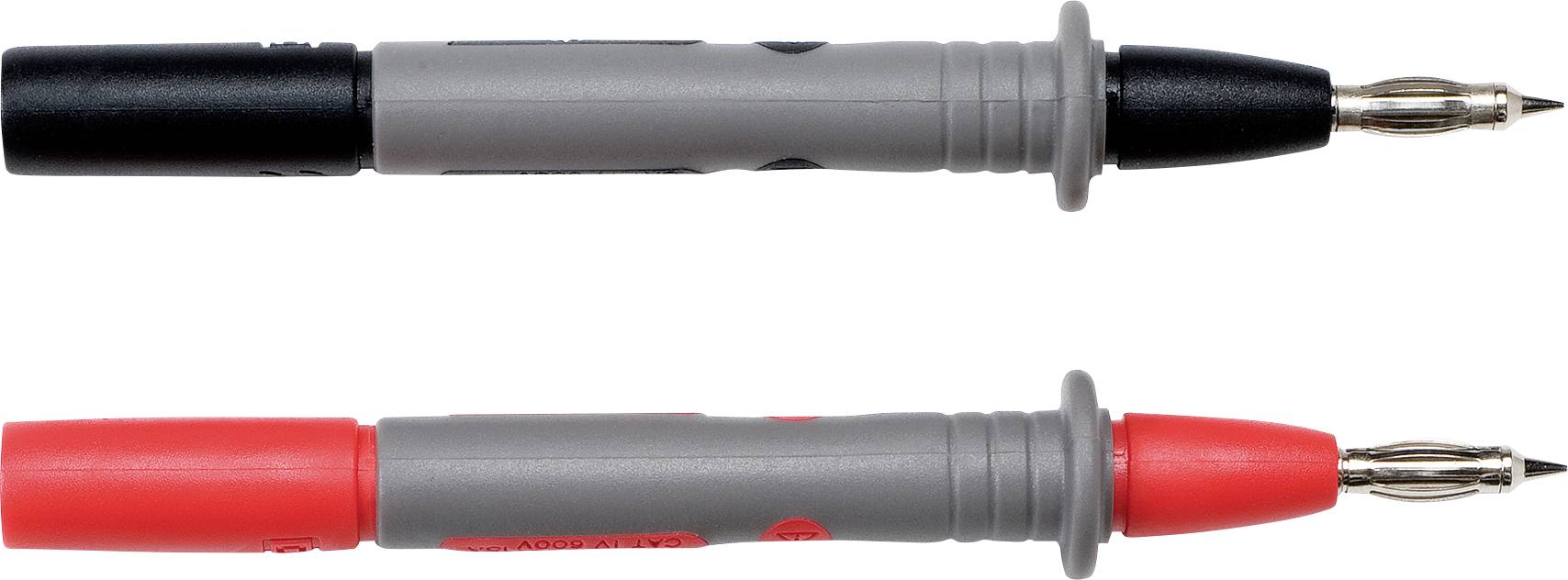 Two electrical test probes: black on top, red on the bottom. Tip and handle visible. Used for measuring instruments such as multimeters.