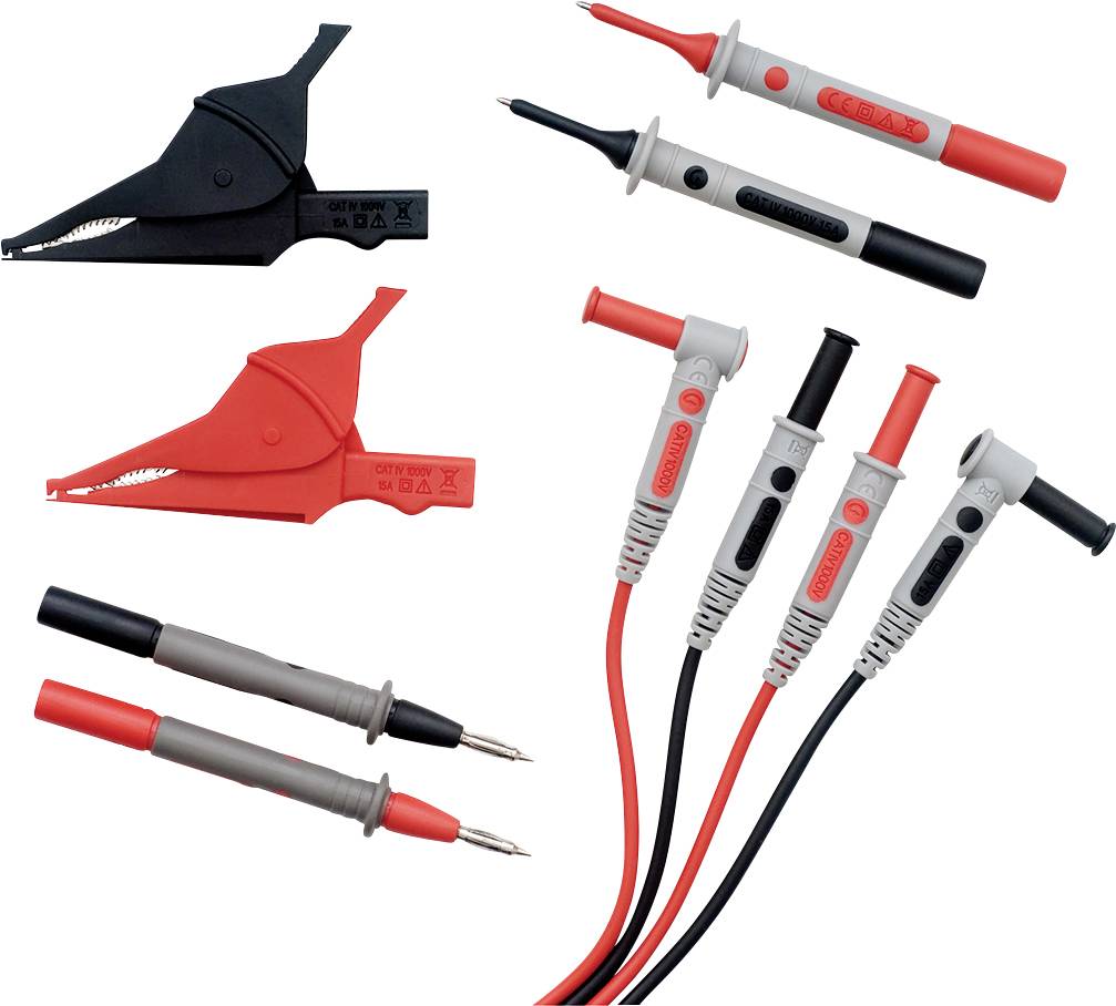 Measuring leads with black and red crocodile clips and test probes, suitable for electrical measurements and tests.
