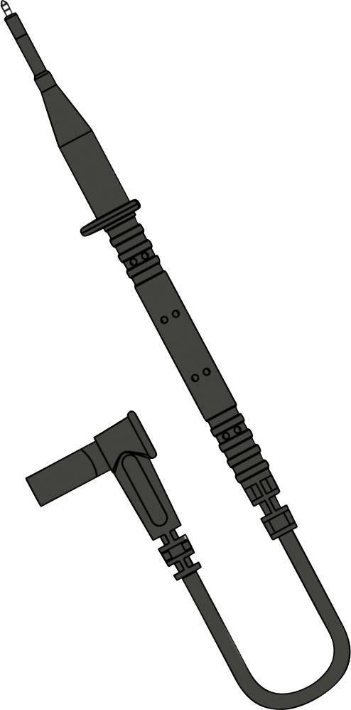 Oscilloscope probe with angled connector and flexible cable, used for measuring electrical signals in a circuit.