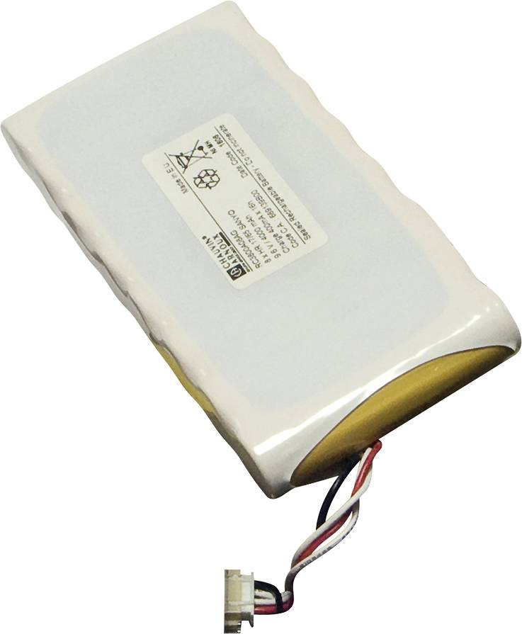White battery cell with label and multi-coloured cables. Model information visible on the label.