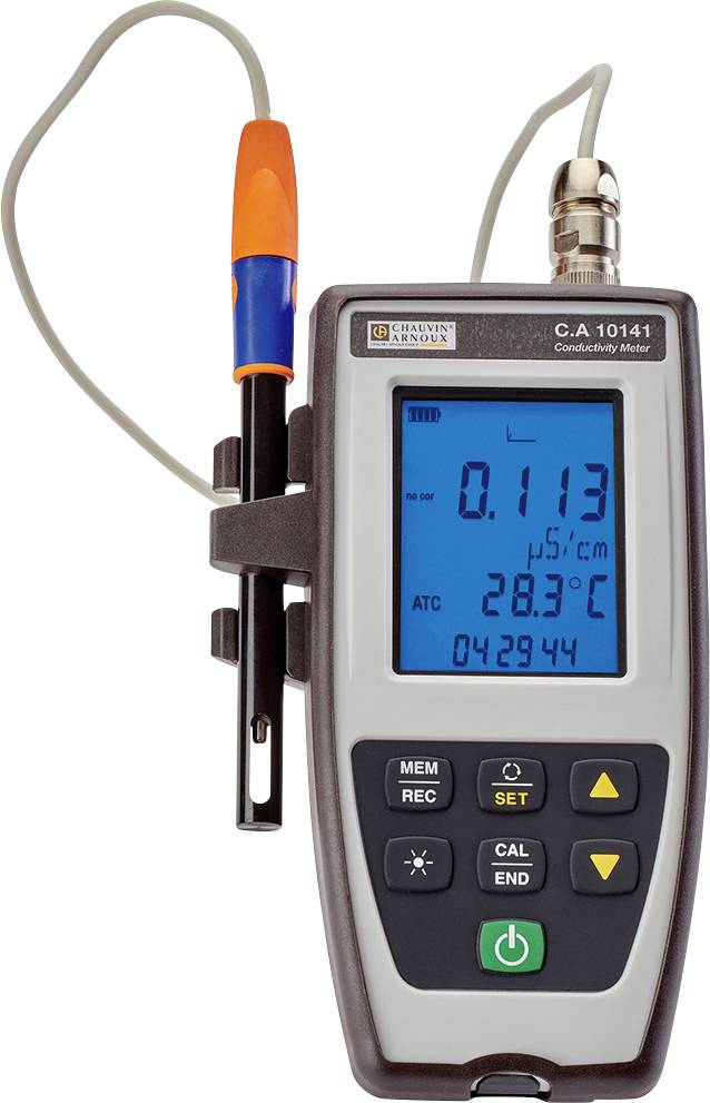 Conductivity meter with digital display shows measurement value of 0.113 μS/cm at 28.3°C. Cable and sensor attached.