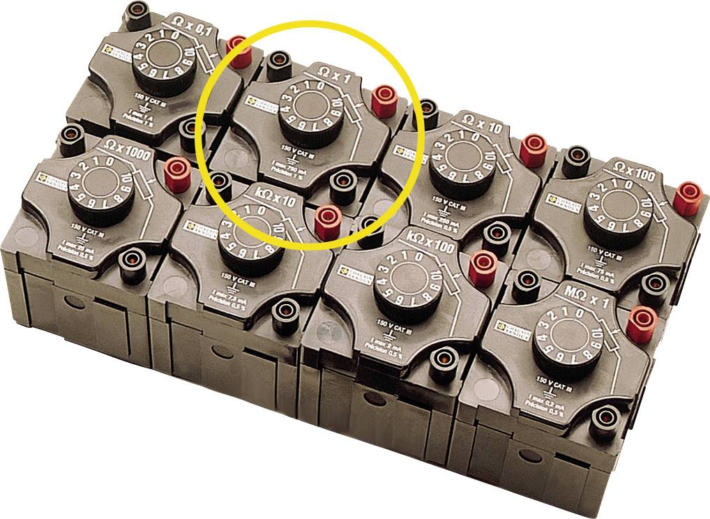 Eight electrical switch units, with one marked in yellow, show different settings in a matrix configuration.