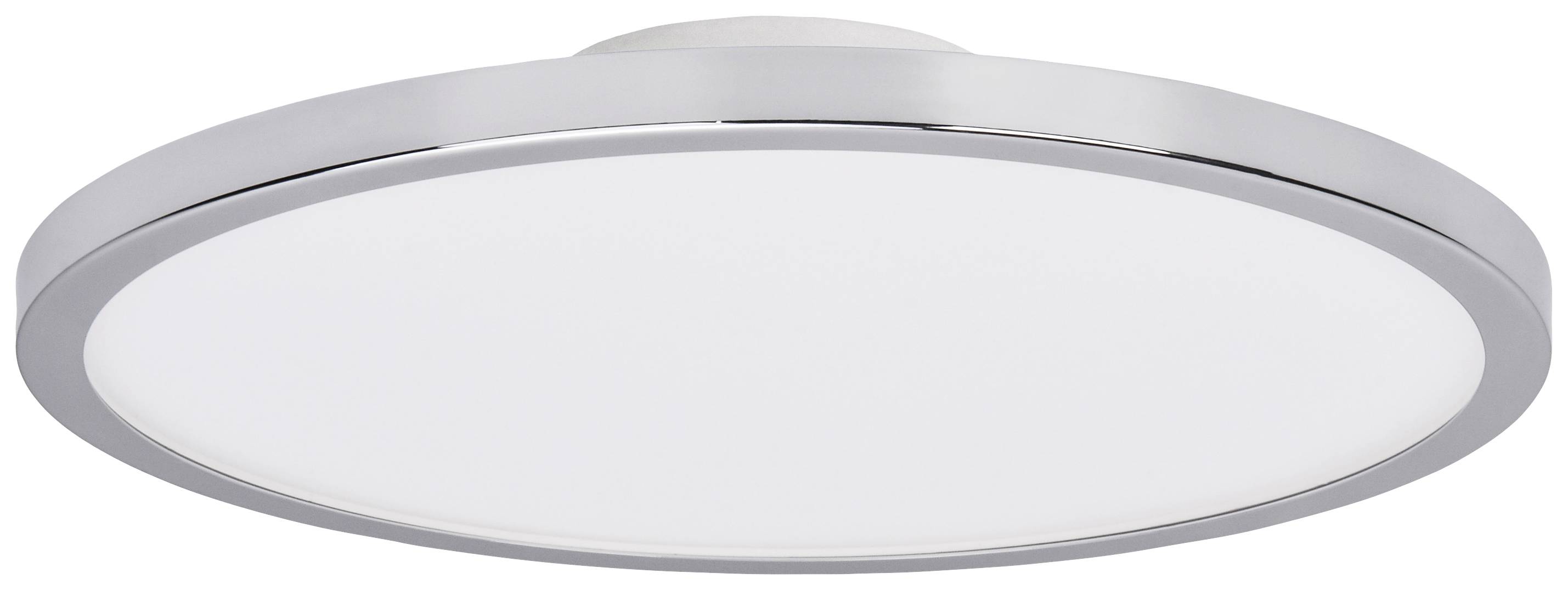 Round LED ceiling light with silver rim and white light diffuser, in a modern design. Perfect for living or office spaces.