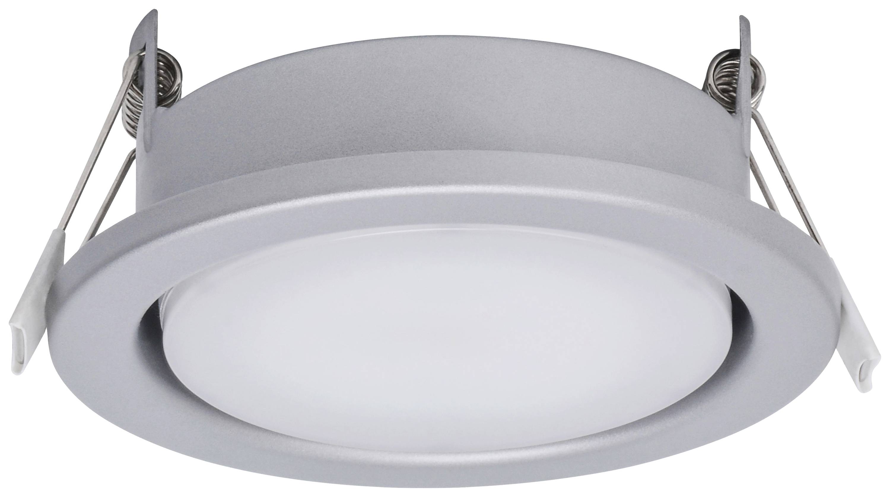 Round LED ceiling light in a grey housing with mounting brackets on the sides, suitable for installation in suspended ceilings.