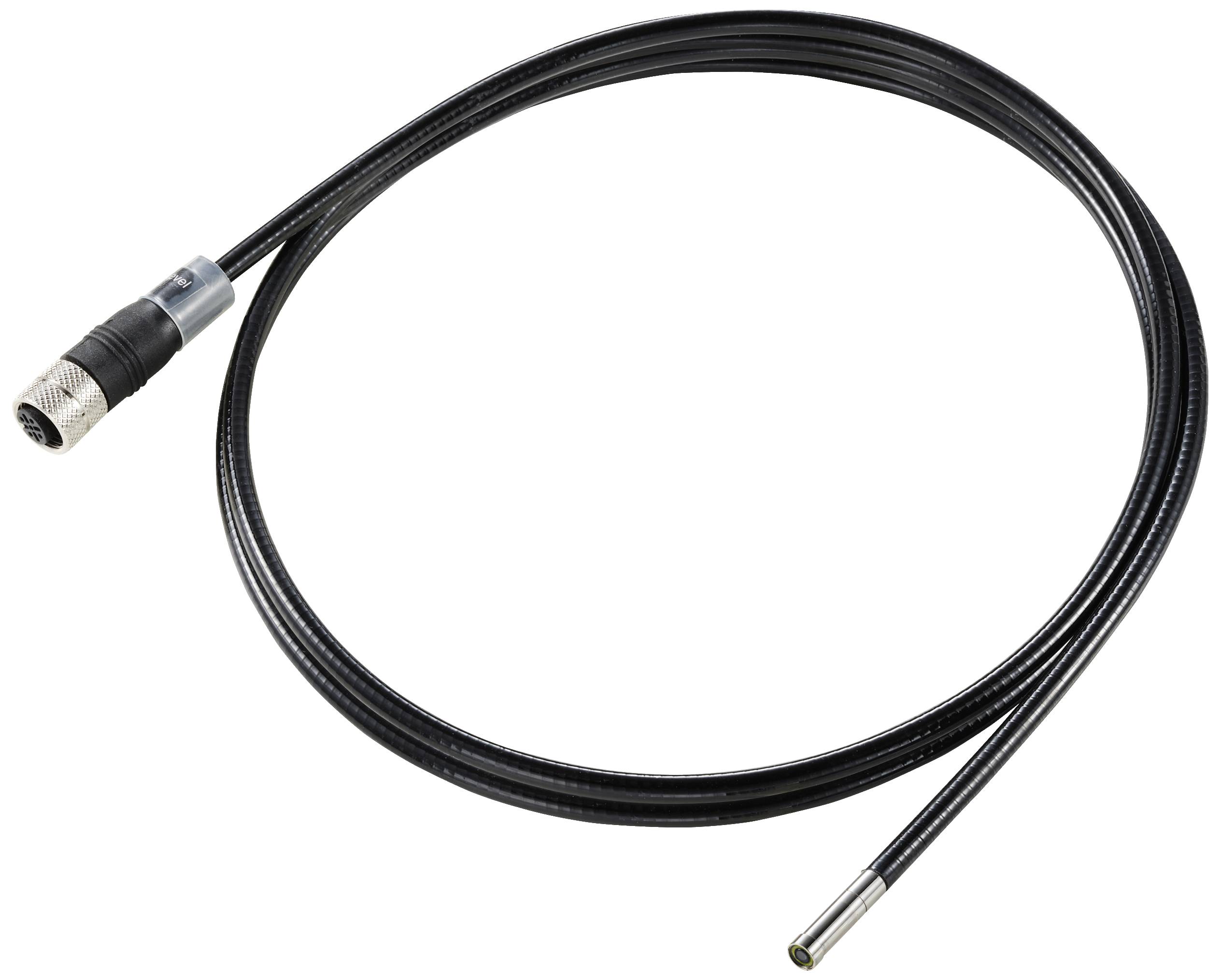 A black flexible cable with a connector at one end and a metallic sensor component at the other end.