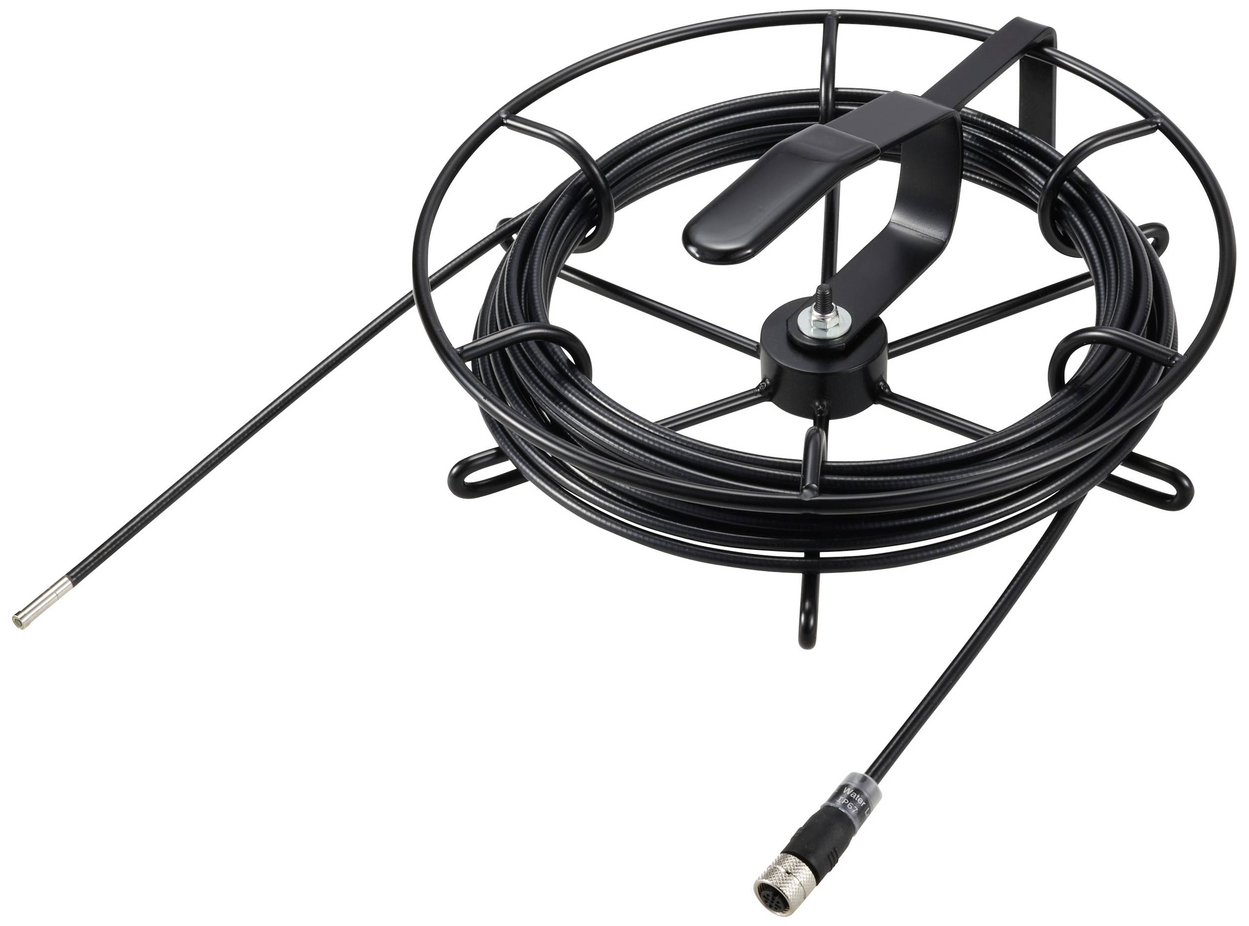 A black spiral hose is coiled on a round mounting bracket. At the end of the hose is a silver connector.