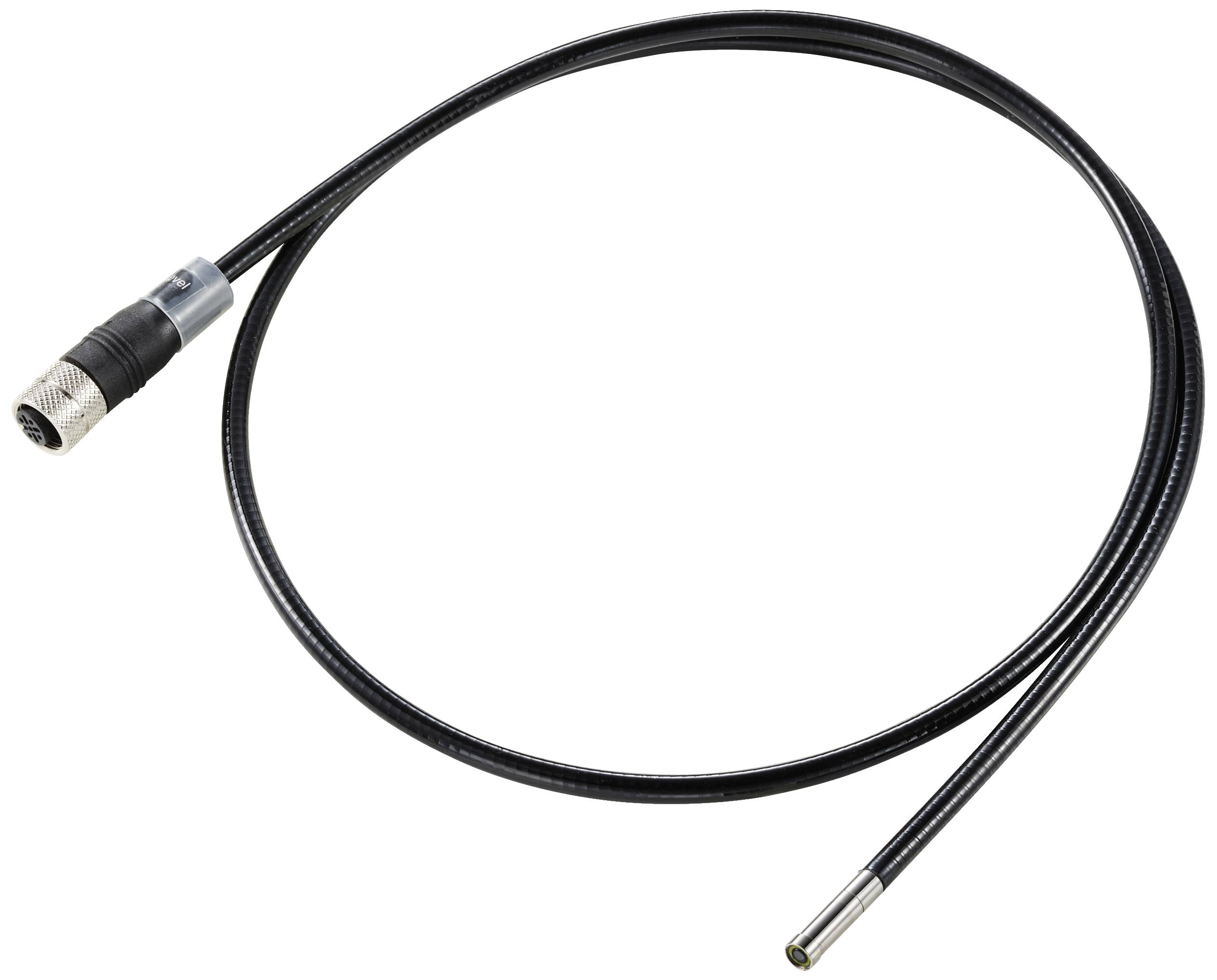 A black cable with a metal plug and a cylindrical component at the end, possibly a coaxial cable.