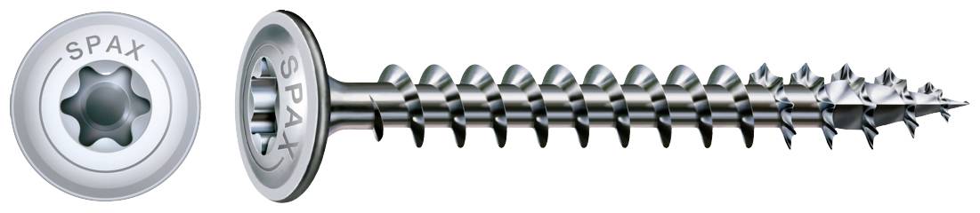Oblong metal screw with a cross-head, with the 'SPAX' inscription engraved on it, shown in profile and from above.